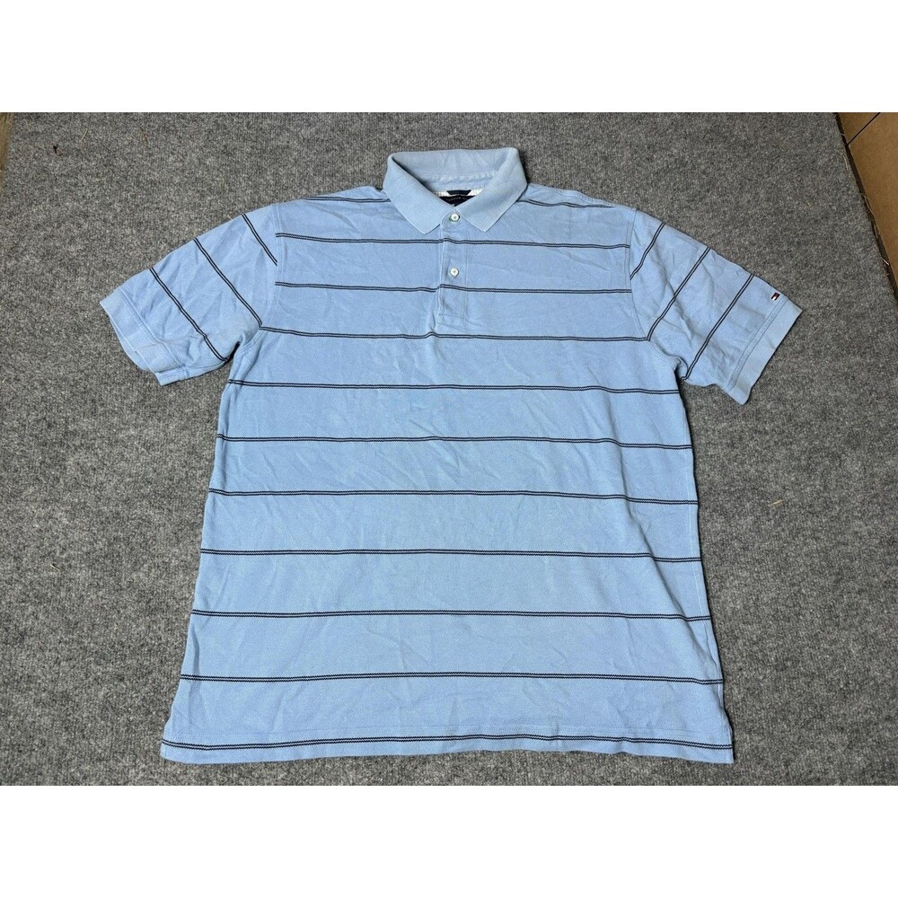 Vintage Tommy Hilfiger Polo Shirt Mens XL Blue Stripe Cotton Hong Kong Casual
